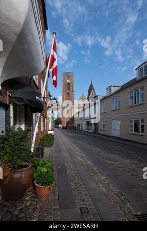 Ribe, Blick entlang Grydergade zur Kathedrale, Jütland, Dänemark Stockfoto