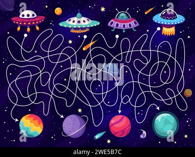 Weltraumlabyrinth-Labyrinth-Spiel, Hilfe bei Alien-UFO-Suche Planeten, Vektor-Quiz-Puzzle für Kinder. Hilf den Marsleuten in UFO-Untertasse, auf dem Arbeitsblatt für Labyrinth-Labyrinth in der Galaxie einen Weg zu Planeten zu finden, die sich in verworrenen Pfaden befinden Stock Vektor