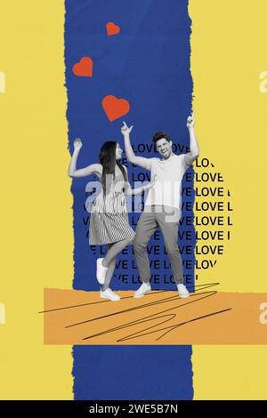 Vertikale Kunstwerke, Fotocollage von überfröhlichen Paaren, die in Partydiskothek tanzen, haben lustige, verrückte Unterhaltung vor kreativem Hintergrund Stockfoto