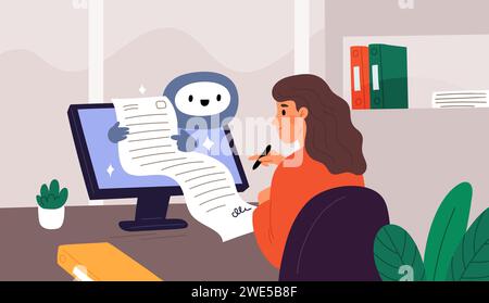 Online-Transaktion. Mädchen macht elektronische Signatur. Akzeptieren von Vertragsbedingungen. Frau am Computermonitor. Digitaler Assistent. Büroarbeitsplatz. Signieren Stock Vektor