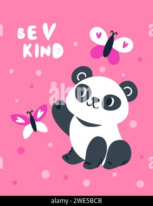 Süßer Panda. Zeichentrickgrußkarte. Verspielte Tierfigur, die Schmetterlinge fängt. Asiatisches Säugetier genießt. Entzückender chinesischer Dschungelbär. Kinder Stock Vektor