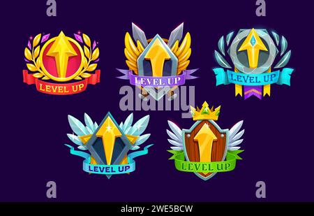 Spiele-Interface Level-Abzeichen und Gewinne Symbole mit Pfeilen und Vektor-ui-Elementen. Goldene Pfeile nach oben auf Schilden mit goldener Krone, Flügeln, Schwertern und Lorbeerkranz. Schaltflächen für „Level Complete Rang“ festgelegt Stock Vektor