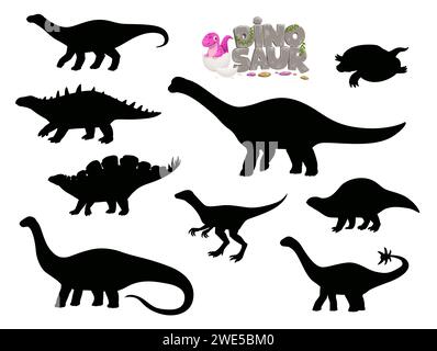 Cartoon-Dinosaurier-Figuren Silhouetten. Eoraptor, Lotosaurus, Apatosaurus und Polacanthus, Wuerhosaurus, Haplocanthosaurus Jura Ära niedliches Reptil, prähistorische Echsen isolierte Vektorsilhouetten Stock Vektor