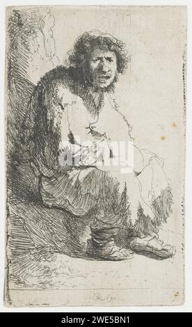 Bettler sitzt auf einer Bank, Rembrandt van Rijn, 1630 Druck das Gesicht des Bettlers ist ein Selbstporträt. Das Ätzen des Papiers beginnt Stockfoto