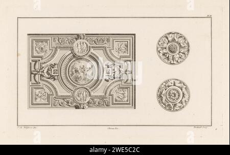 Rozetten-Decke, Berthault, Jacques-Francois Chéreau, nach Jean Charles Delafosse, 1771 drucken links eine verzierte rechteckige Decke mit Putten, Muschelmotiven und drei runden Medaillons mit Figuren. Zwei Rosetten rechts. Pariser Decke mit Ätzung/Gravur (dekoriert). Rosette  Ornament Stockfoto