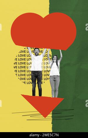 Vertikale Composite-Fotocollage von zwei funky Liebenden tanzen schreien lachen gemeinsam Spaß haben feiern valentinstag vor kreativem Hintergrund Stockfoto