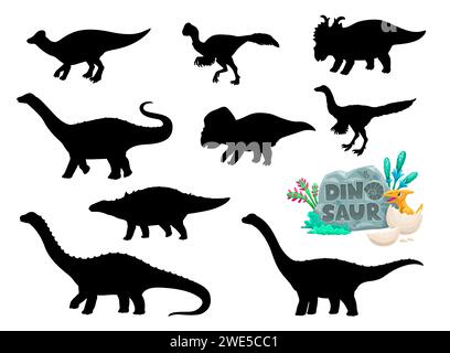 Cartoon-Dinosaurier lustige Charaktere Silhouetten. Dinosaurier-Vektor aus der Jurassic-Ära süßes Maskottchen. Protoceratops, Jaxartosaurus, Quaesitosauru und Magyarosaurus, Opisthocoelicaudia, Struthiosaurus Personage Stock Vektor