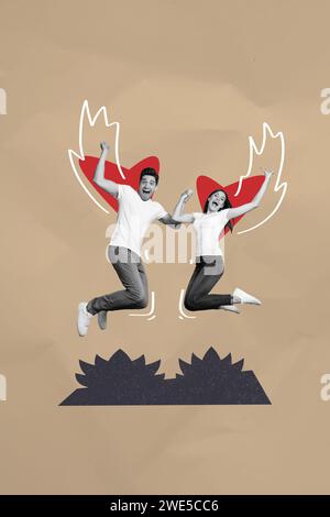 Vertikales Collage Poster monochromer Effekt aufgeregt Happy Smile Jump Wings Zeichnen Skizze Herz Liebe Doodle Exklusiv leerer Hintergrund Stockfoto