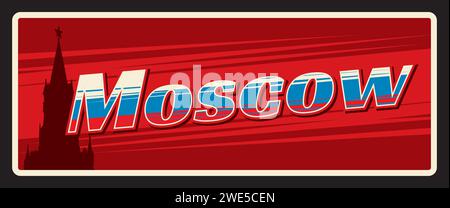 Moskau Hauptstadt Russlands, Stadt in russischer Föderation. Vektor Reiseschild oder Aufkleber, Vintage Blechschild, Retro Urlaub Postkarte oder Reise Schild, Gepäckanhänger. Plakette mit roter quadratischer Landmarke Stock Vektor