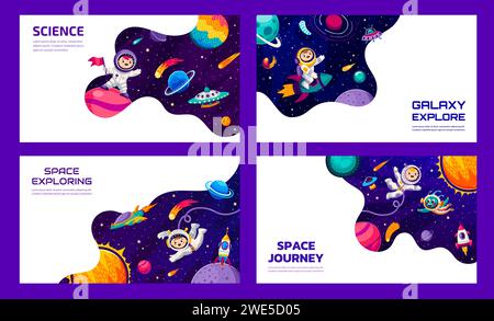 Landing Pages der Weltraumgalaxie, Cartoon-Weltraumplaneten, Astronauten, Außerirdische und Raumschiffe, Vektor-Website-Hintergrund. Abenteuer für Kinder oder Galaxienreise und Landungsseite für Raumflüge mit galaktischem Himmel Stock Vektor
