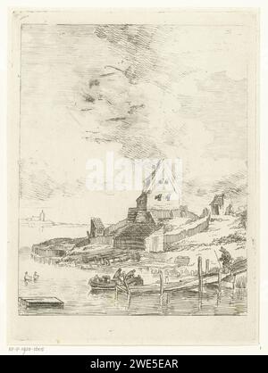 Landschaft mit Haus und Steg am Fluss, Albertus Brondgeest, 1796 - 1849 drucken Landschaft mit Haus auf einem hohen Ufer umgeben von einem Fluss. Es gibt vier Kanonengänge auf der Bank. Ein kleines Boot liegt mit einem Gerüst, auf dem ein Mann mit einem Eimer läuft. Niederlande Papier ätzend Wasserlauf Stockfoto