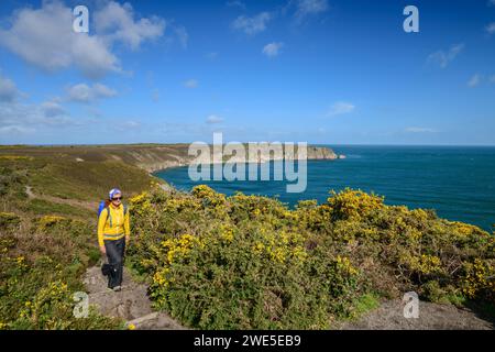 Frau, die auf einem Wanderweg entlang der Klippen mit Blick über das Meer, in der Nähe von Cap Fréhel, Côte d&#39;Emeraude, Smaragdküste, Bretagne, Frankreich Stockfoto