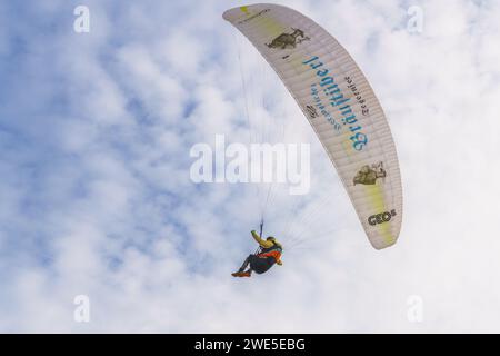 Die Person gleitet durch den bewölkten Himmel, befestigt an einem farbenfrohen Fallschirm, und erlebt die Freude am Gleitschirmfliegen. Bewölkter Himmel im Hintergrund, Kopierraum Stockfoto