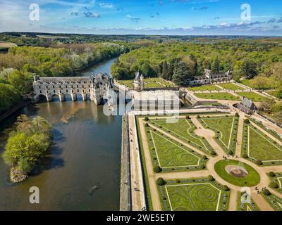 Château de Chenonceau mit Gärten am Fluss Cher, Schlösser der Loire, Loire-Tal, UNESCO-Weltkulturerbe Loire-Tal, Frankreich Stockfoto