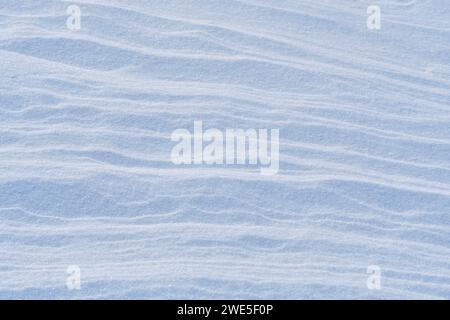 Schnee nach dem Wind bildet eine weiße Leinwand aus wirbelnden Mustern. Leicht, funkelnd, mit Eiskristallen. Eine einzigartige natürliche Textur und die Ruhe des Th Stockfoto