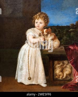 Tizianische Malerei; 'Clarissa Strozzi im Alter von zwei Jahren', 1542; italienisches Renaissanceporträt, eines der frühesten Porträts eines Kindes. 16. Jahrhundert. Stockfoto