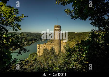 Blick vom Rheinsteig auf die Burg Maus und das Rheintal bei St. Goarshausen-Wellmich, Oberes Mittelrheintal, Rheinland-Pfalz, Deutschland Stockfoto