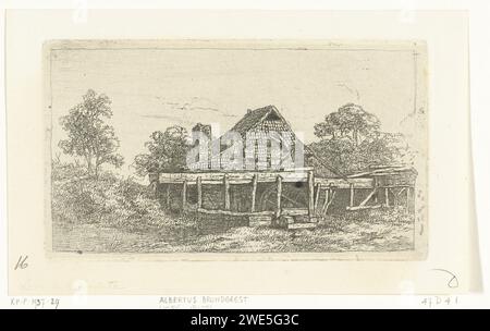 Landschaft mit Watermolen, Albertus Brondgeest, 1796 - 1849 Druck niederländisches Papier. Wassermühle zum Ätzen Stockfoto