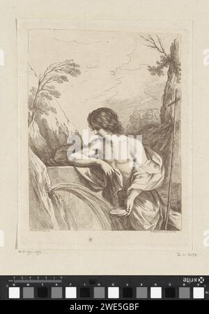 Johannes de doper in de Wildernis, Francesco Bartolozzi, nach Guercino, 1738–1815 Druck Johannes der Täufer steht an einer Wasserquelle und fängt Wasser mit einer Schüssel. Londoner Papier, das Johannes den Täufer ätzt; mögliche Attribute: Buch, Schilfkreuz, Taufbecher, Honigwabe, Lamm, Personal Stockfoto