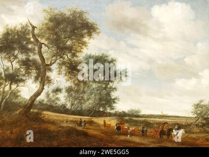 Salomon van Ruysdael Gemälde, „Dutch Landscape with a RAID“, 1656. Menschen stehlen Vieh in einem niederländischen Landschaftsgemälde, niederländischer Maler des Goldenen Zeitalters. Stockfoto