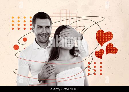 Collage kreatives Poster Schwarzweiß-Effekt schöne attraktive hübsche junge Familie Mann versteckte Augen Dame Überraschung exklusive Vorlage Stockfoto