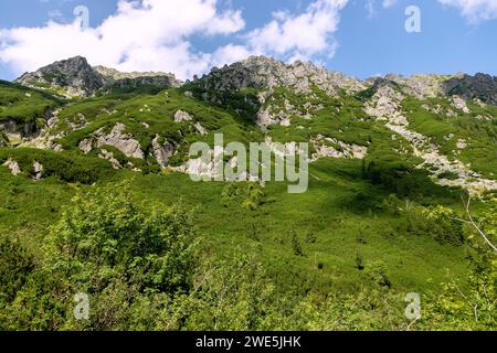 Bergkette der Mała Buczynowa Turnia auf dem Wanderweg zum Tal der fünf polnischen Teiche (Dolina Pięciu Stawów Polskich) und Morskie Oko Stockfoto