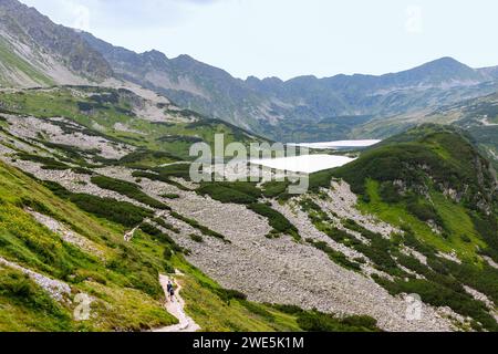 Kette der Seen Przedni Staw, Mały Staw und Wielki Staw im Tal der fünf polnischen Teiche (Dolina Pięciu Stawów Polskich) vom Wanderweg nach Stockfoto