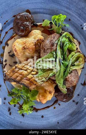 Steaks Mittagessen im Forest Lodge Restaurant, Grootbos Private Nature Reserve, Western Cape, Südafrika Stockfoto