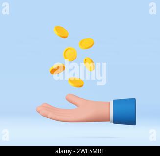 3D Hand mit Münzen fliegen. Stock Vektor
