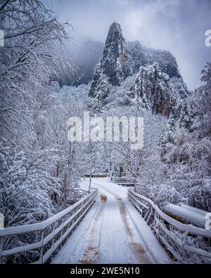 Eine wunderschöne Winterlandschaft mit einer bezaubernden, schneebedeckten Brücke, die sich über ein ruhiges Gewässer erstreckt Stockfoto