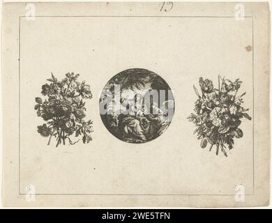 Uhrengehäuse zwischen zwei Sträußen, Anonym, nach Jacques Vauquer, nach 1631 - vor 1676 drucken Uhrengehäuse mit dem Rest auf dem Flug nach Ägypten. Erste Ausgabe, zweite Ausgabe. Frankreich (möglicherweise) Papierstich Stockfoto