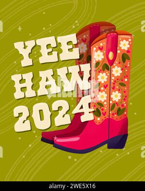 A pair of cowboy boots decorated with flowers and a hand lettering message Yeehaw 2024. Happy New Year colorful hand drawn illustration in bright vibr Stockfoto