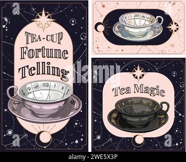 Set Vintage Wiccan Hexen Altar Cup zum Lesen von Teeblättern als Weissagungsmethode zur Vorhersage der Zukunft. Teeblätter lesen, Vintage-Vektorkarte. Stock Vektor