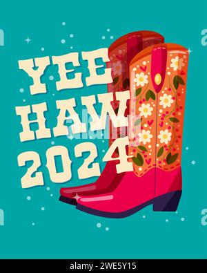 A pair of cowboy boots decorated with flowers and a hand lettering message Yeehaw 2024 on blue background. Happy New Year colorful hand drawn vector i Stockfoto