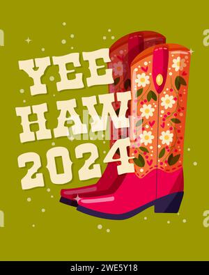 A pair of cowboy boots decorated with flowers and a hand lettering message Yeehaw 2024 on green background. Happy New Year colorful hand drawn vector Stockfoto