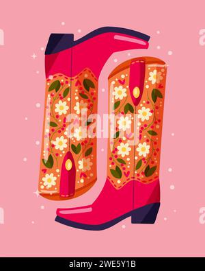 A pair of cowboy boots decorated with flowers on pink background. Vibrant and colorful vector illustration. Stockfoto