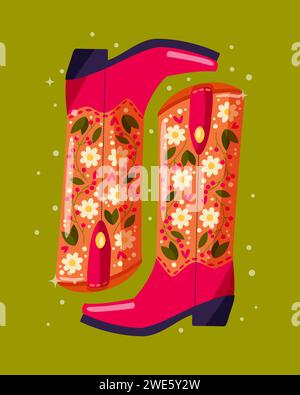 A pair of cowboy boots decorated with flowers on green background. Vibrant and colorful vector illustration. Stockfoto