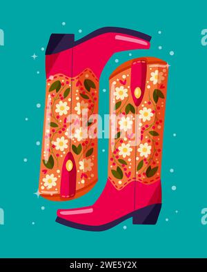 A pair of cowboy boots decorated with flowers on blue background. Vibrant and colorful vector illustration. Stockfoto