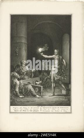 Paulus und Silas im Gefängnis, Joseph Mulder, nach Arnold Houbraken, 1720–1728 Druck Paul und Silas und ihre Mitgefangenen werden durch ein Erdbeben aus ihrer Faszie befreit. Der Gefängniswärter, der sieht, dass alle Türen geöffnet sind, will mit seinem Schwert Selbstmord begehen, aber Paulus und Silas halten ihn davon fern. Am unteren Rand ist ein Hinweis auf den Bibeltext und den Titel in Griechisch, Englisch, Deutsch, Lateinisch, Französisch und Niederländisch. Amsterdamer Papiergravur/Ätzung Paul und Silas verhindern, dass der Wärter Selbstmord begeht (Geschichte der Bekehrung des Wärters) Stockfoto