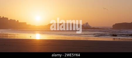 Die Wellen brechen an einem Sandstrand mit der Medina auf die Felsen, während Vögel in Essaouira, Marokko, am 23. Januar 2024 über die Felsen fliegen Stockfoto