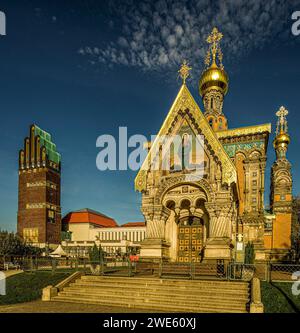 Russische Kapelle und Hochzeitsturm, Mathildenhöhe, Darmstadt, Hessen, Deutschland Stockfoto
