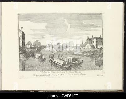 Brücke von Strada über Fres of Brothers, Giovanni Francesco Costa, ca. 1750 - ca. 1760 Drucken Blick auf die Ponte di Strà über den Fluss Brenta. Im Vordergrund befinden sich vier Binnenschiffe im Wasser vor der Brücke. Nummeriert in der Mitte: LV und unten rechts: Tom: II Dieser Ausdruck ist Teil eines Albums. Druckerei: ItalienVenedig Papierätzung Fluss. Brücke. Schleppboot, Schleppkahn Brenta Stockfoto