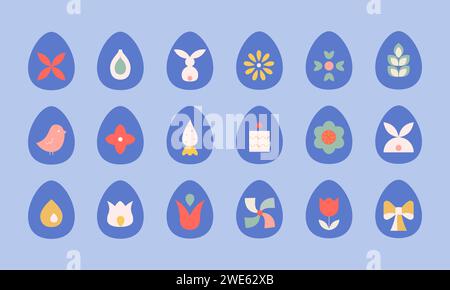 Abstrakte ostereier-Formen mit minimalen Frühlings-osterelementen. Niedliche Vektor-Illustrationen für Karten, Highlights, Banner, E-Mails. Stock Vektor