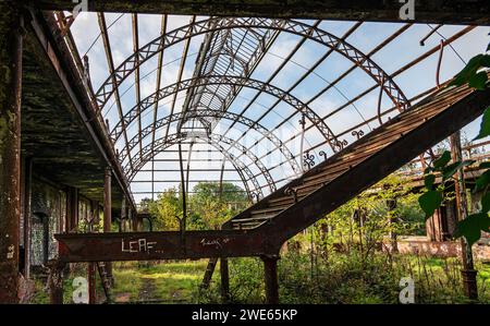 Verfallenes Winter Gardens Glasshouse in Springburn Park Glasgow, Schottland, 1983 aufgegeben. Stockfoto