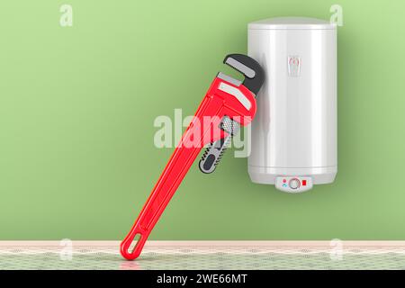 Warmwasserbereiter mit Rohrschlüssel im Innenraum. Reparatur und Wartung des Warmwasserbereiters, Konzept. 3D-Rendering Stockfoto