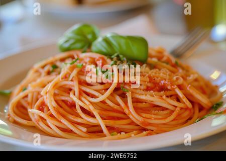 Ein Teller Spaghetti, garniert mit frischem Basilikum, garniert mit geriebenem Käse und mit einer reichhaltigen Tomatensauce. Stockfoto