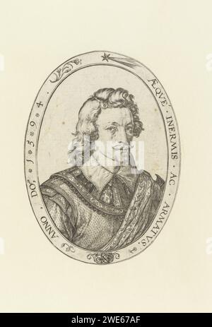 Porträt eines Mannes mit Schärpe, Jacques de Gheyn (II), 1594 Druck Porträt eines unbekannten Mannes mit mittellangen Haaren, Schnurrbart und Spitzbart, hoch geschlossenem Kragen und Schärpe um die linke Schulter, in Oval mit lateinischem Rand. Niederlande Papiergravur anonyme historische Person allein porträtiert (+ (Vollporträt) Stockfoto