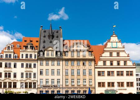 Deutschland, Sachsen, Leipzig, Fassaden historischer Altstadthäuser Stockfoto