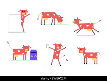 Niedliche geometrische Kuh in verschiedenen Posen für Milchmarken, Kinderbücher oder Zeichentrickfilme Stock Vektor