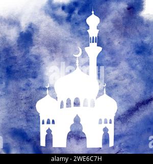 Aquarellsilhouette der islamischen Moschee und des Minaretts mit Mondsichel-Illustration isoliert auf weißem Hintergrund. Muslimische Hand gezeichnete Feiertage Ramadan Ka Stockfoto